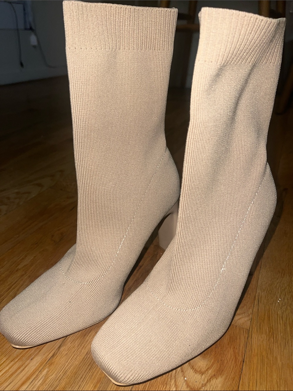 Miss Lola Nude Stretch-Knit Sock Boot Heels